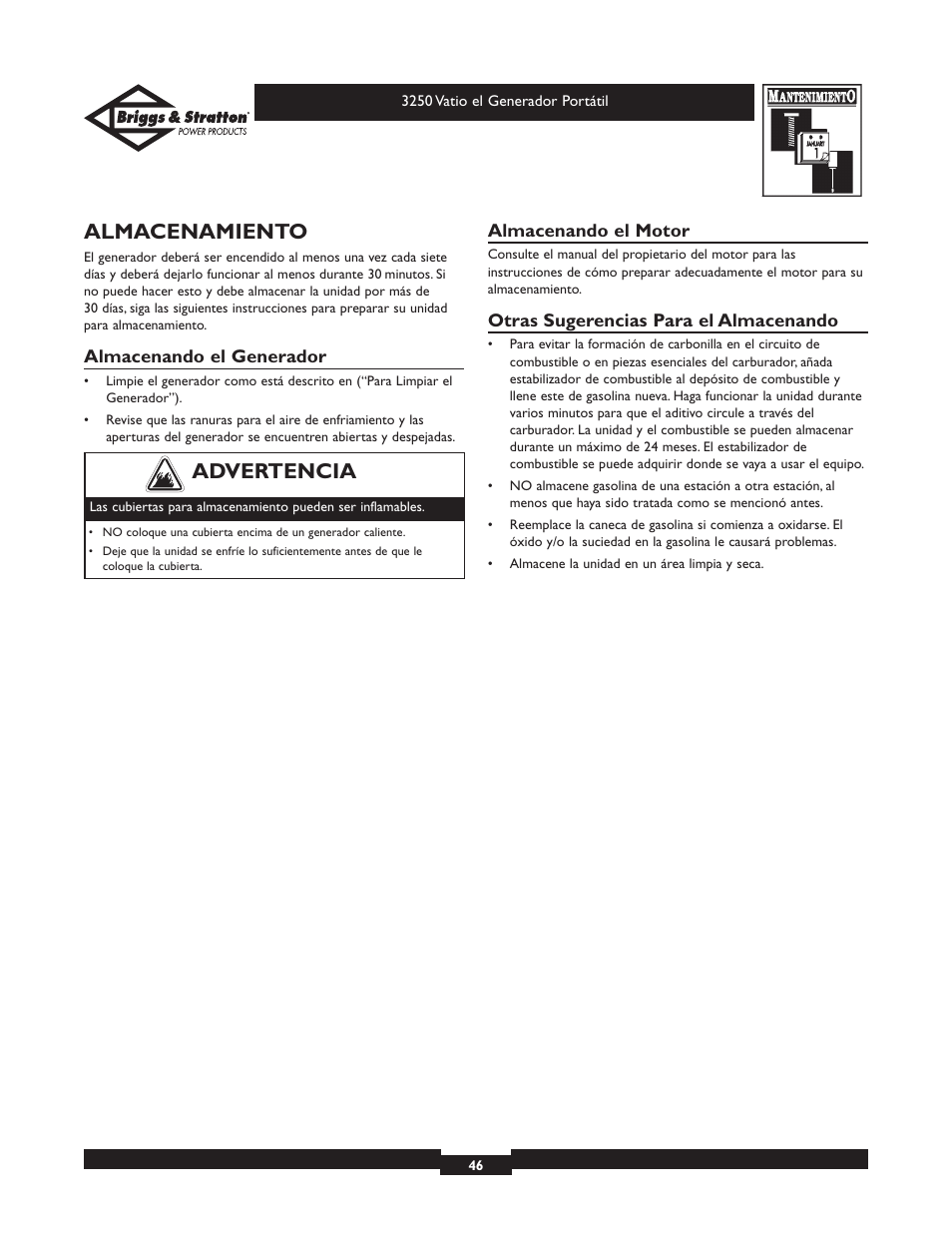 Almacenamiento, Advertencia | Briggs & Stratton 1653 User Manual | Page 46 / 48