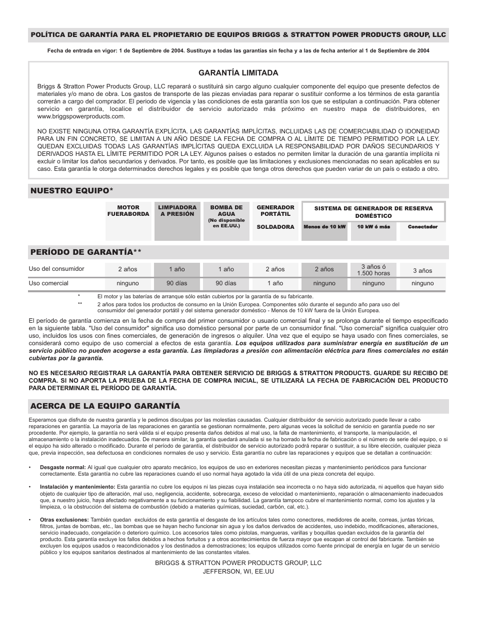 Garantía limitada, Nuestro equipo, Período de garantía | Acerca de la equipo garantía | Briggs & Stratton 1653 User Manual | Page 48 / 48