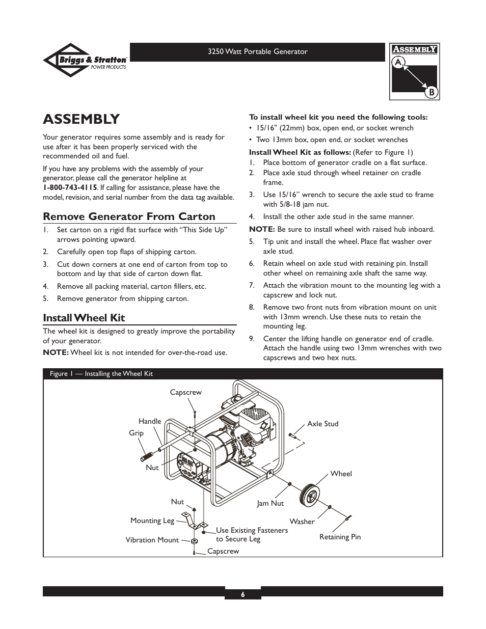 Assembly, Remove generator from carton, Install wheel kit | Briggs & Stratton 1653 User Manual | Page 6 / 48