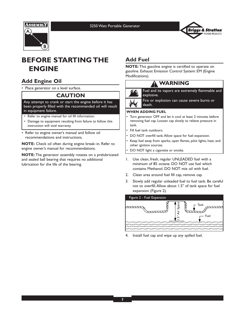 Before starting the engine, Add engine oil, Add fuel | Caution, Warning | Briggs & Stratton 1653 User Manual | Page 7 / 48