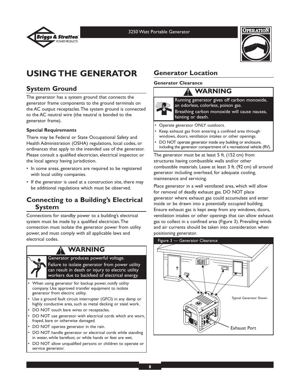Using the generator, System ground, Connecting to a building’s electrical system | Generator location, Warning | Briggs & Stratton 1653 User Manual | Page 8 / 48
