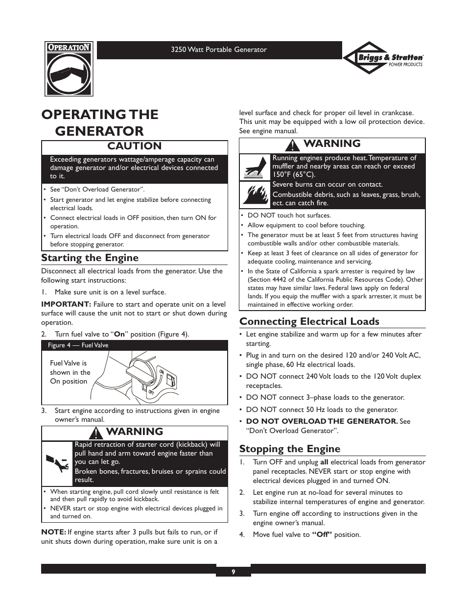 Operating the generator, Starting the engine, Connecting electrical loads | Stopping the engine, Caution, Warning | Briggs & Stratton 1653 User Manual | Page 9 / 48