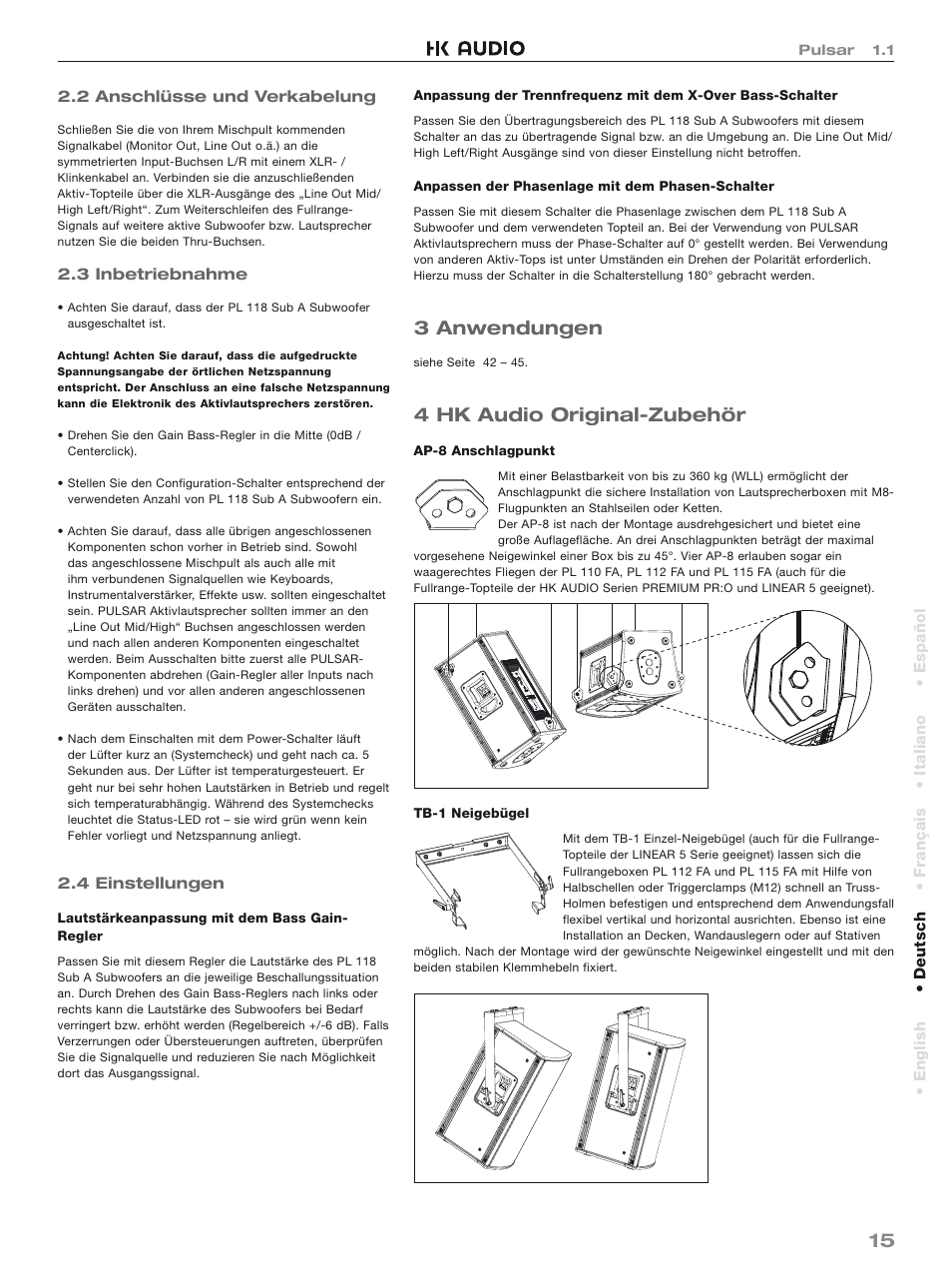 3 anwendungen, 4 hk audio original-zubehör | HK Audio PL 118 Sub A User Manual | Page 15 / 48