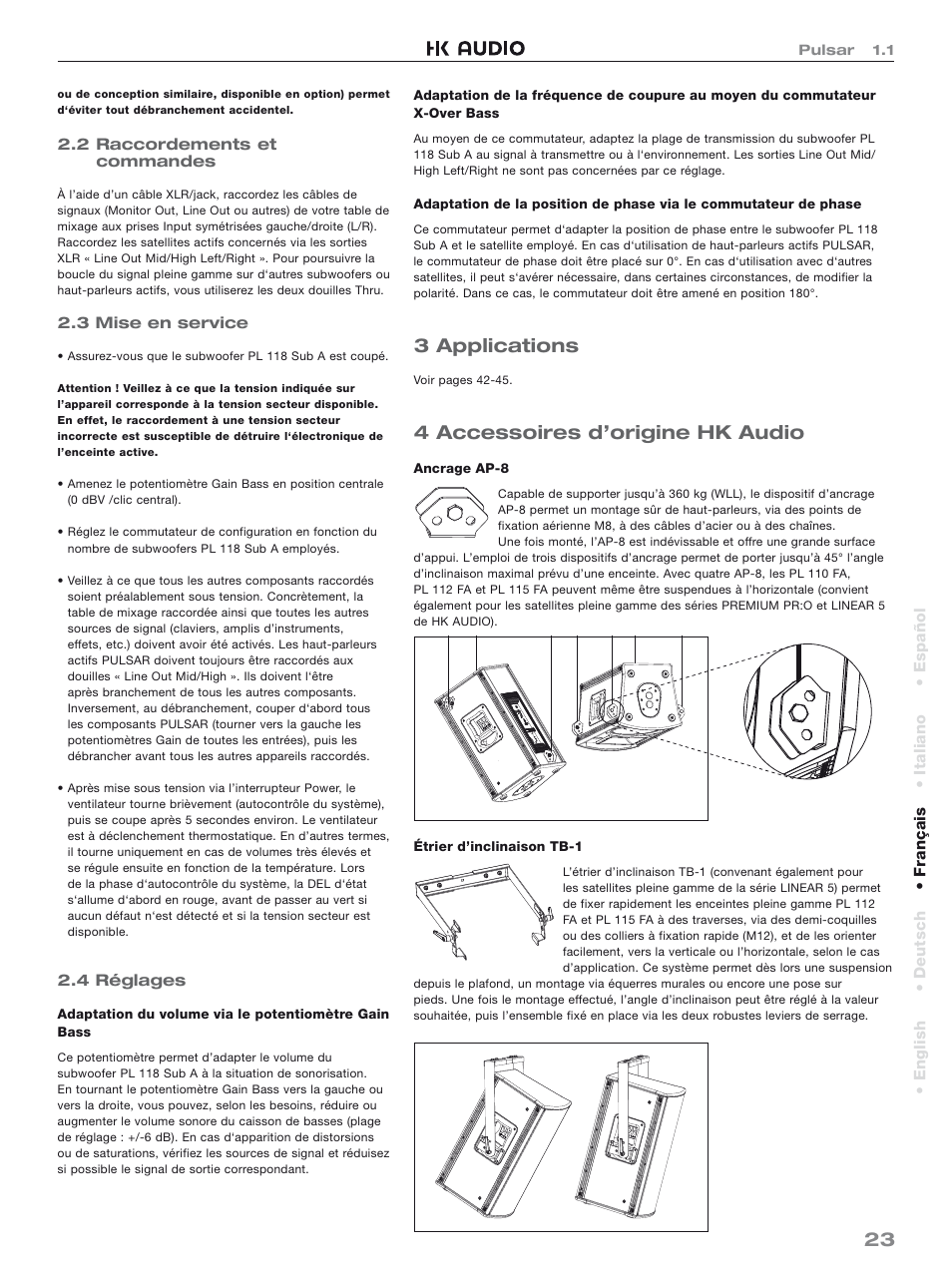 3 applications, 4 accessoires d’origine hk audio | HK Audio PL 118 Sub A User Manual | Page 23 / 48