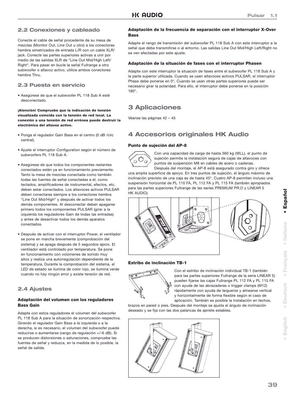 3 aplicaciones, 4 accesorios originales hk audio | HK Audio PL 118 Sub A User Manual | Page 39 / 48