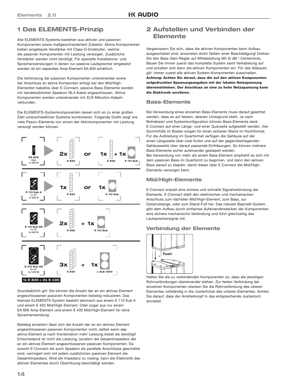 14 1 das elements-prinzip, 2 aufstellen und verbinden der elemente, 1x + 1x | Or 1x, 1x or 2x, 1x + 3x, Bass-elemente, Mid/high-elemente, Verbindung der elemente | HK Audio Top Add-on User Manual | Page 14 / 48