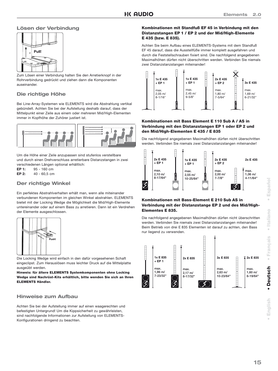 Lösen der verbindung, Die richtige höhe, Der richtige winkel | Hinweise zum aufbau, English • deutsch • français • italiano • español | HK Audio Top Add-on User Manual | Page 15 / 48