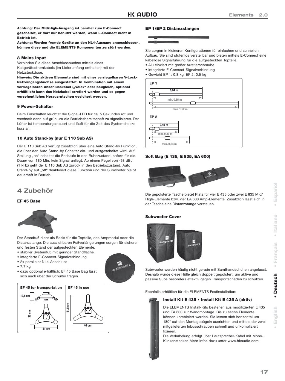 4 zubehör, English • deutsch • français • italiano • español | HK Audio Top Add-on User Manual | Page 17 / 48