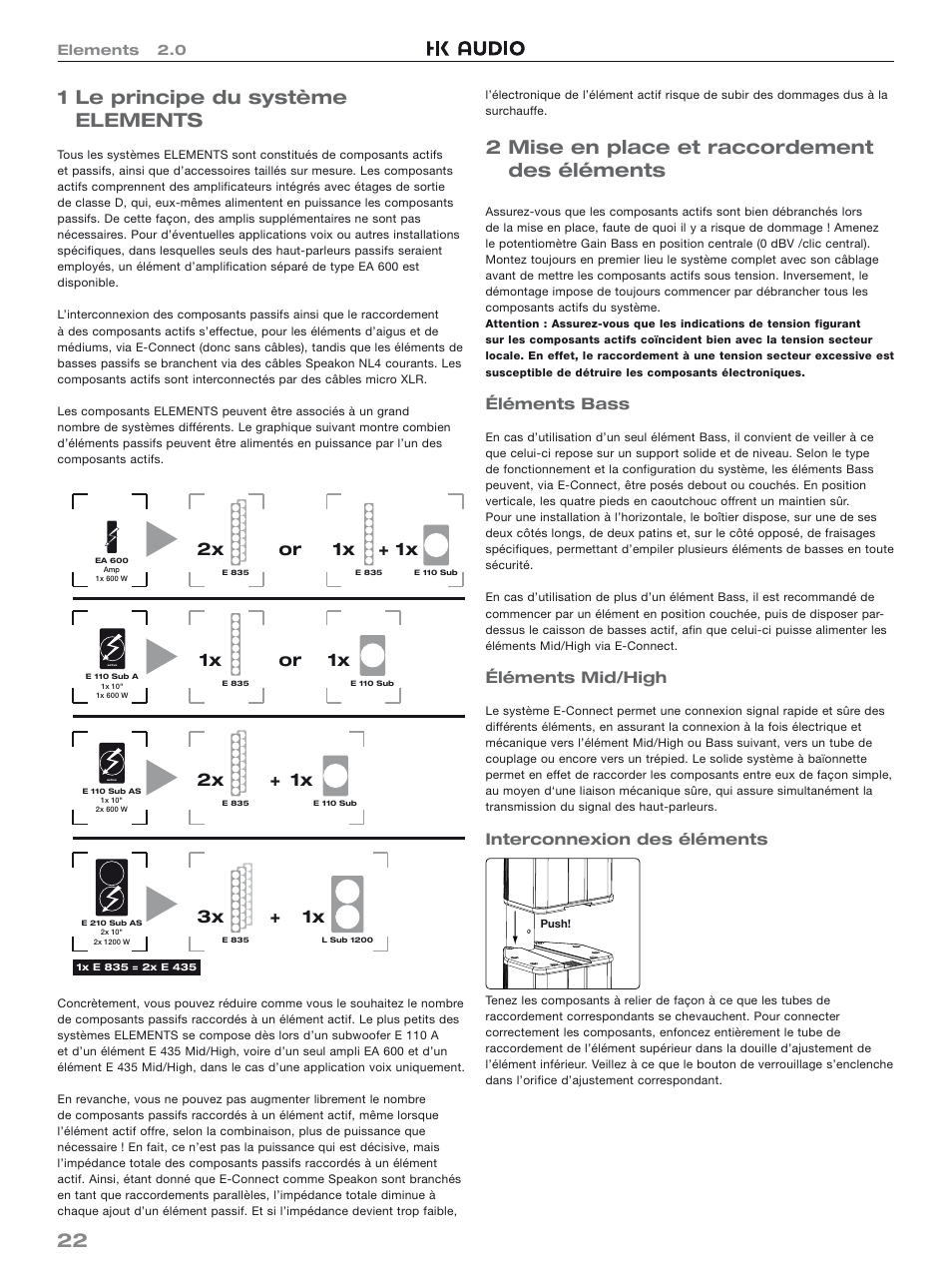 22 1 le principe du système elements, 2 mise en place et raccordement des éléments, 1x + 1x | Or 1x, 1x or 2x, 1x + 3x, Éléments bass, Éléments mid/high, Interconnexion des éléments | HK Audio Top Add-on User Manual | Page 22 / 48