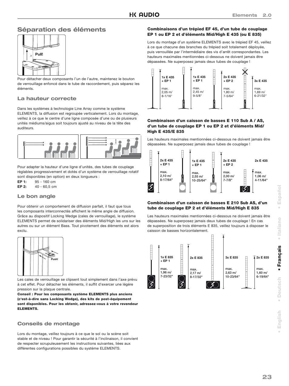 23 séparation des éléments, La hauteur correcte, Le bon angle | Conseils de montage, English • deutsch • français • italiano • español | HK Audio Top Add-on User Manual | Page 23 / 48