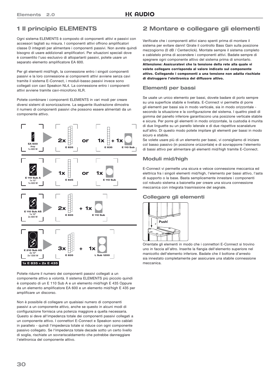 30 1 il principio elements, 2 montare e collegare gli elementi, 1x + 1x | Or 1x, 1x or 2x, 1x + 3x, Elementi per bassi, Moduli mid/high, Collegare gli elementi | HK Audio Top Add-on User Manual | Page 30 / 48