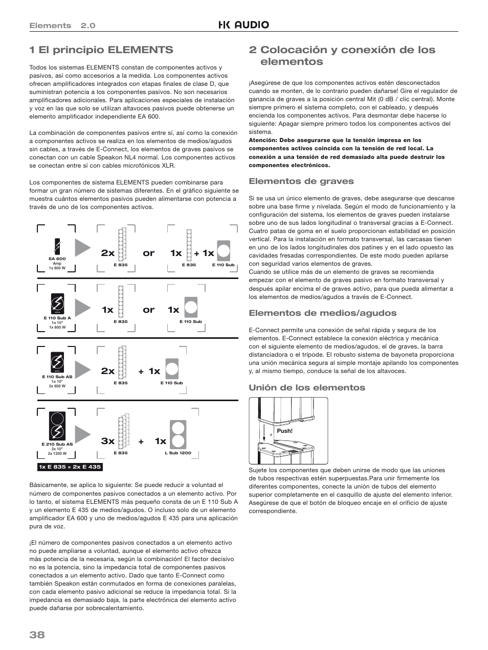 38 1 el principio elements, 2 colocación y conexión de los elementos, 1x + 1x | Or 1x, 1x or 2x, 1x + 3x, Elementos de graves, Elementos de medios/agudos, Unión de los elementos | HK Audio Top Add-on User Manual | Page 38 / 48