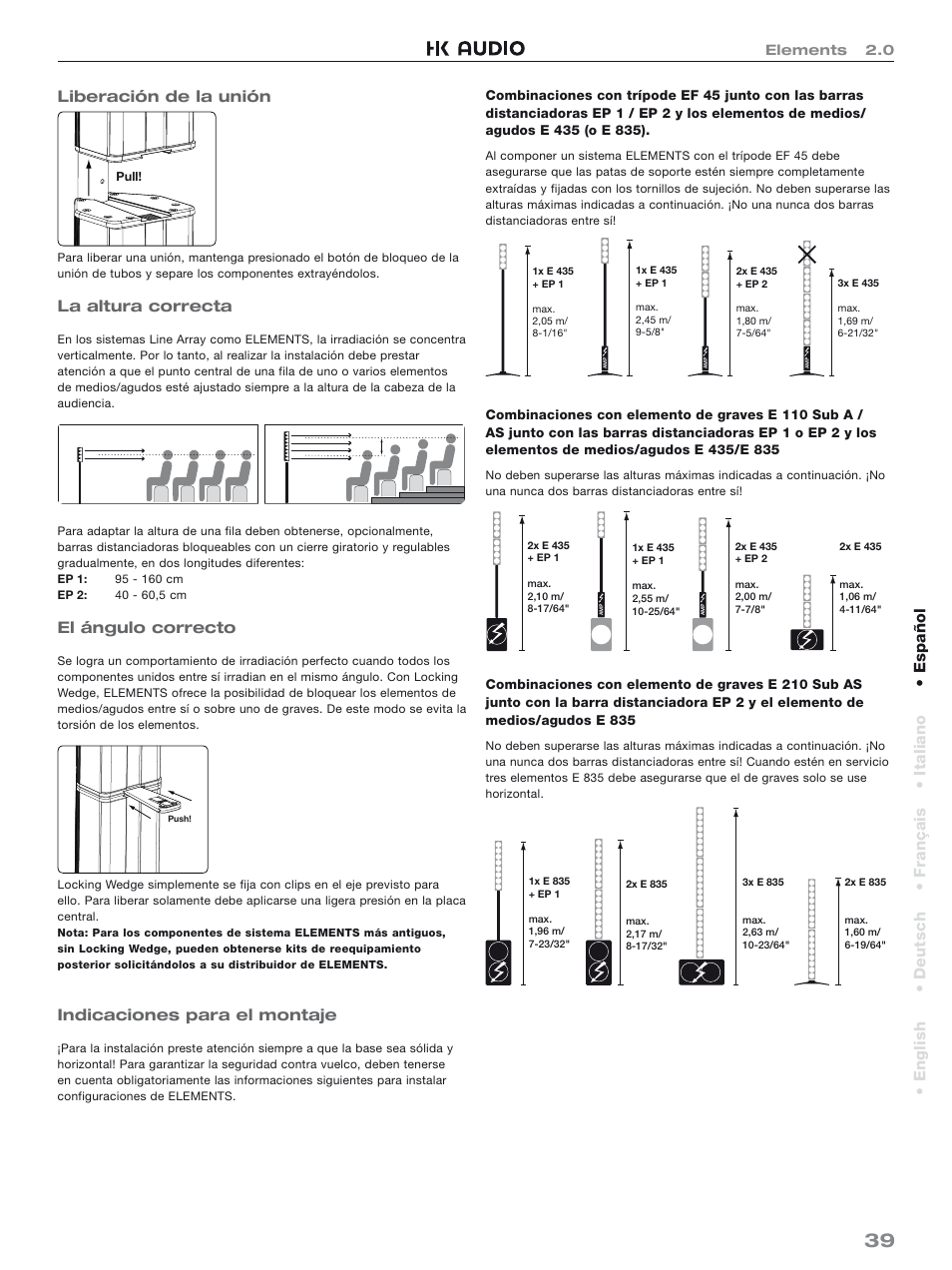 Liberación de la unión, La altura correcta, El ángulo correcto | Indicaciones para el montaje, English • deutsch • français • italiano • español | HK Audio Top Add-on User Manual | Page 39 / 48