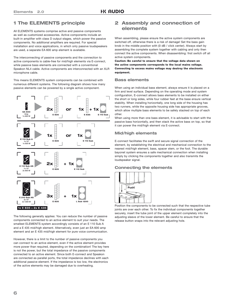 61 the elements principle, 2 assembly and connection of elements, 1x + 1x | Or 1x, 1x or 2x, 1x + 3x, Bass elements, Mid/high elements, Connecting the elements | HK Audio Top Add-on User Manual | Page 6 / 48