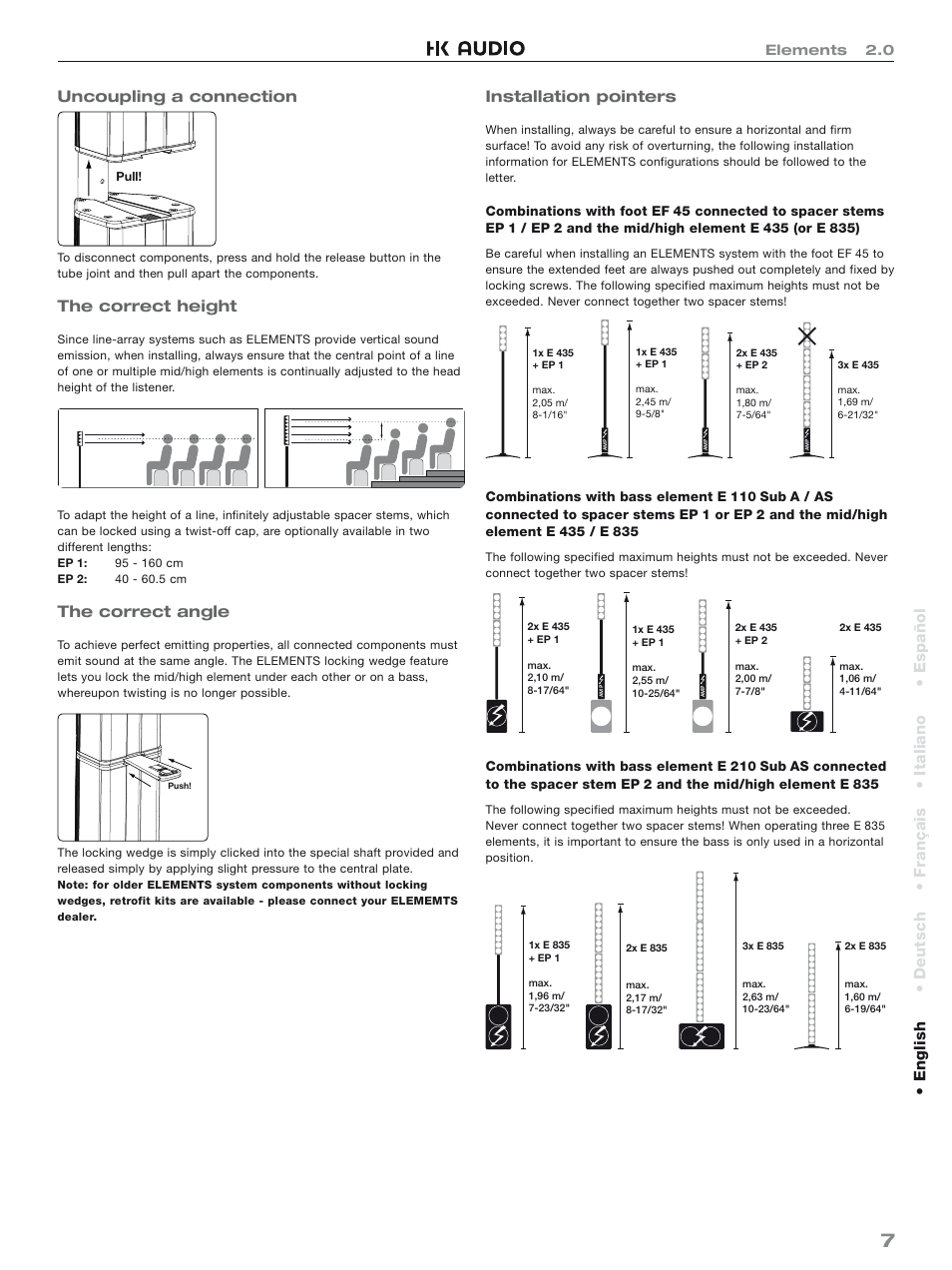 Uncoupling a connection, The correct height, The correct angle | Installation pointers, English • deutsch • français • italiano • español | HK Audio Top Add-on User Manual | Page 7 / 48