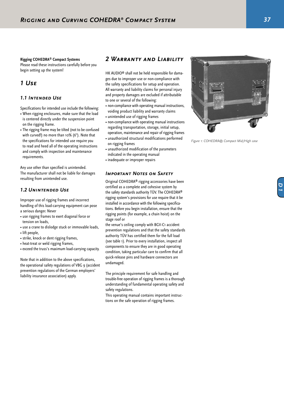 1 use, 2 warranty and liability, Rigging and curving cohedra | Compact system | HK Audio CDR 210 F User Manual | Page 37 / 105