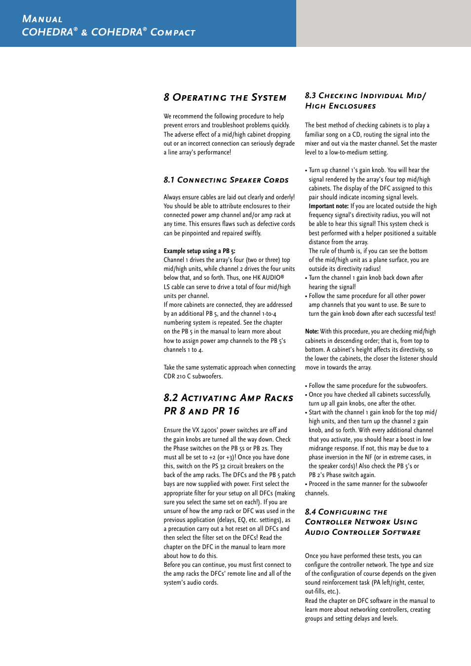 Manual cohedra, Cohedra, Compact 8 operating the system | 2 activating amp racks pr 8 and pr 16 | HK Audio CDR 210 F User Manual | Page 46 / 105