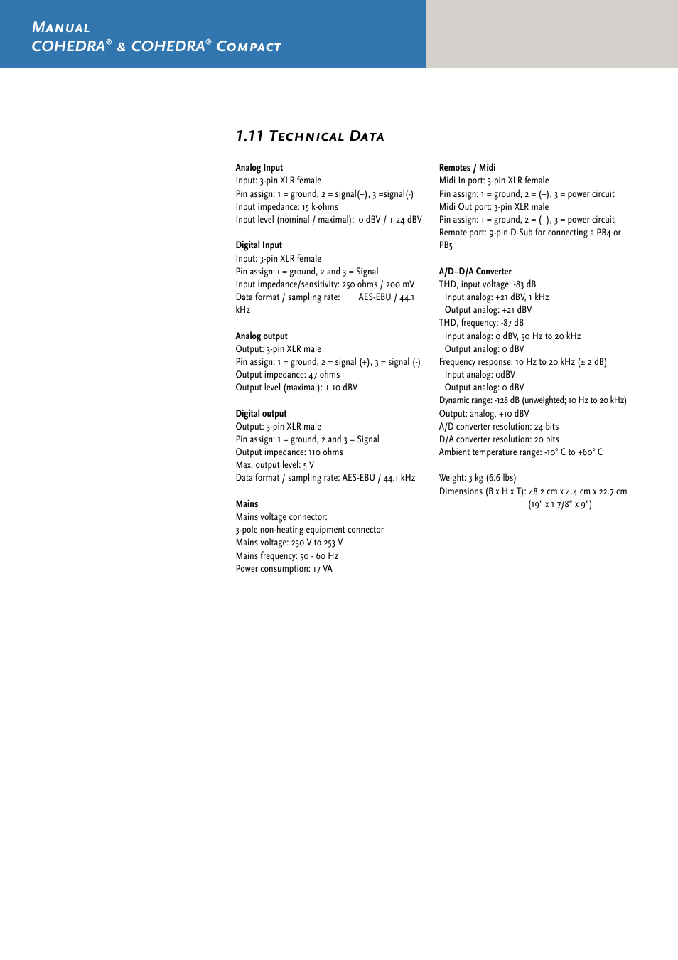 Manual cohedra, Cohedra, Compact 1.11 technical data | HK Audio CDR 210 F User Manual | Page 70 / 105