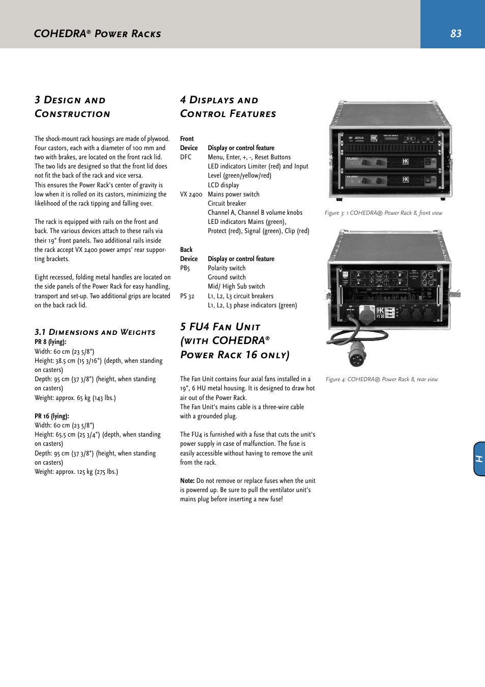 3 design and construction, 4 displays and control features, 5 fu4 fan unit (with cohedra | Power rack 16 only), Cohedra, Power racks | HK Audio CDR 210 F User Manual | Page 83 / 105