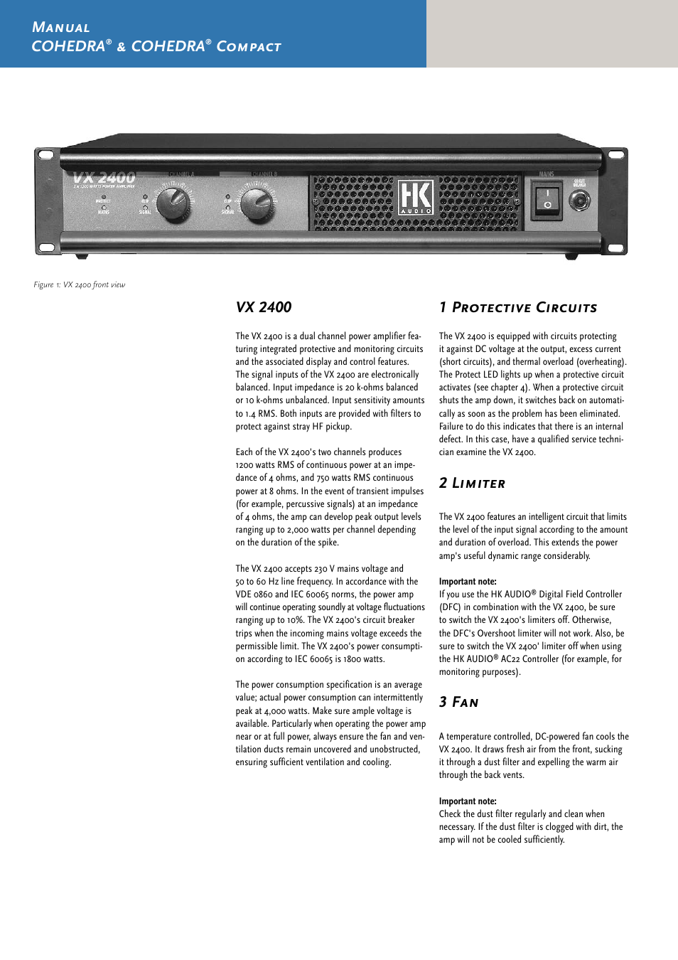 Manual cohedra, Cohedra, Compact vx 2400 | 1 protective circuits, 2 limiter, 3 fan | HK Audio CDR 210 F User Manual | Page 86 / 105