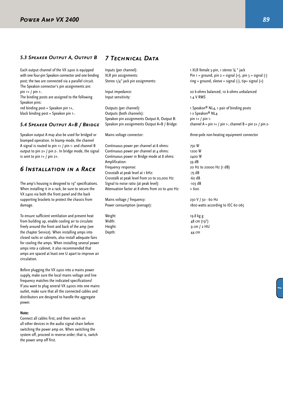 6 installation in a rack, 7 technical data, Power amp vx 2400 | HK Audio CDR 210 F User Manual | Page 89 / 105