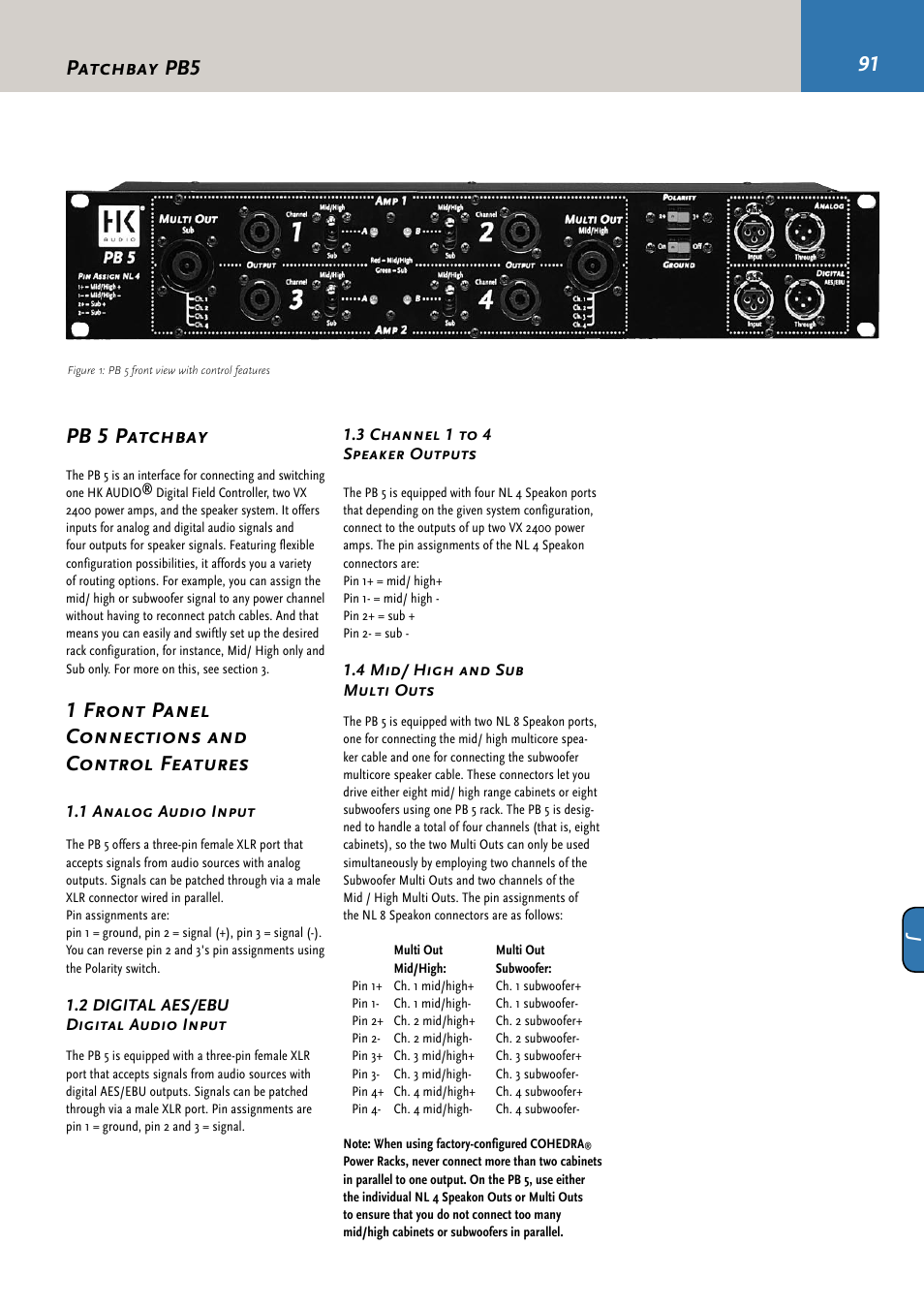 Pb 5 patchbay, 1 front panel connections and control features, Patchbay pb5 | HK Audio CDR 210 F User Manual | Page 91 / 105