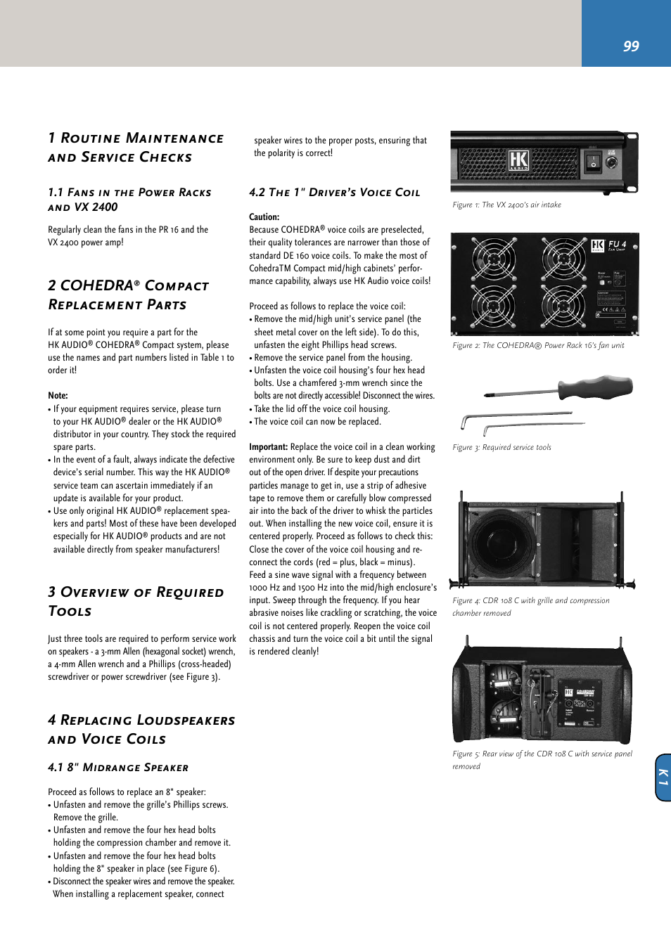 1 routine maintenance and service checks, 2 cohedra, Compact replacement parts | 3 overview of required tools, 4 replacing loudspeakers and voice coils | HK Audio CDR 210 F User Manual | Page 99 / 105