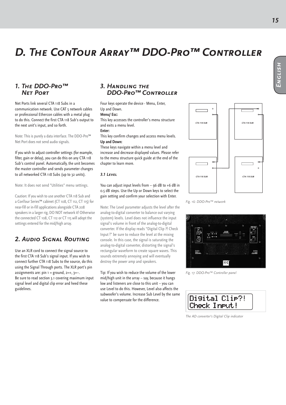 D. the contour array™ ddo-pro™ controller, Audio signal routing, The ddo-pro™ net port | English 3. handling the ddo-pro™ controller | HK Audio CTA 208 Mid/High User Manual | Page 15 / 52