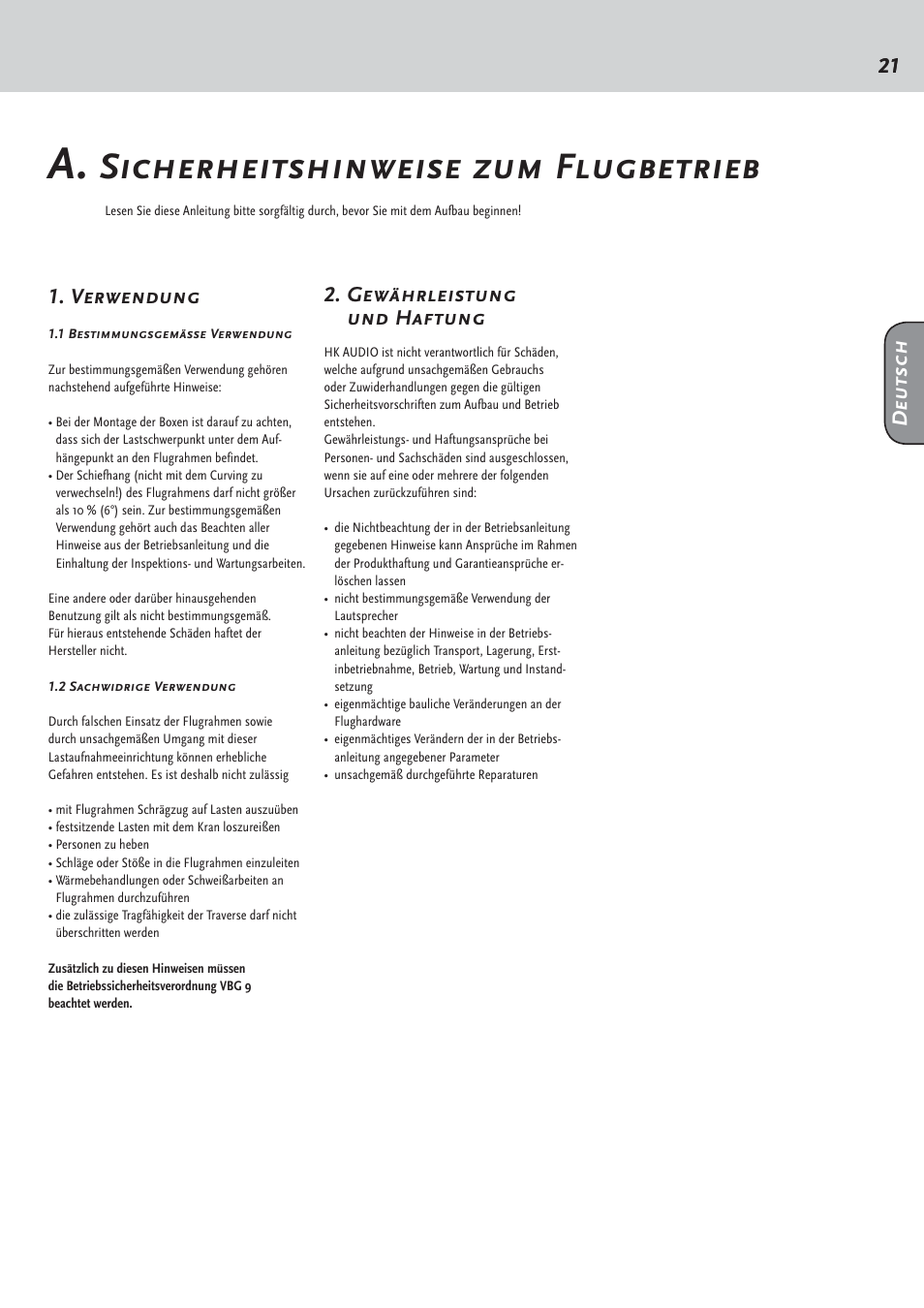 Sicherheitshinweise zum flugbetrieb, Verwendung, Gewährleistung und haftung | Deutsch | HK Audio CTA 208 Mid/High User Manual | Page 21 / 52