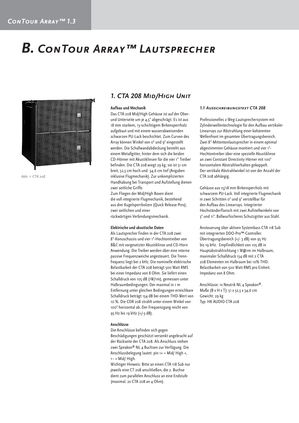 Contour array™ lautsprecher, Contour array™ 1.3, Cta 208 mid/high unit | HK Audio CTA 208 Mid/High User Manual | Page 24 / 52