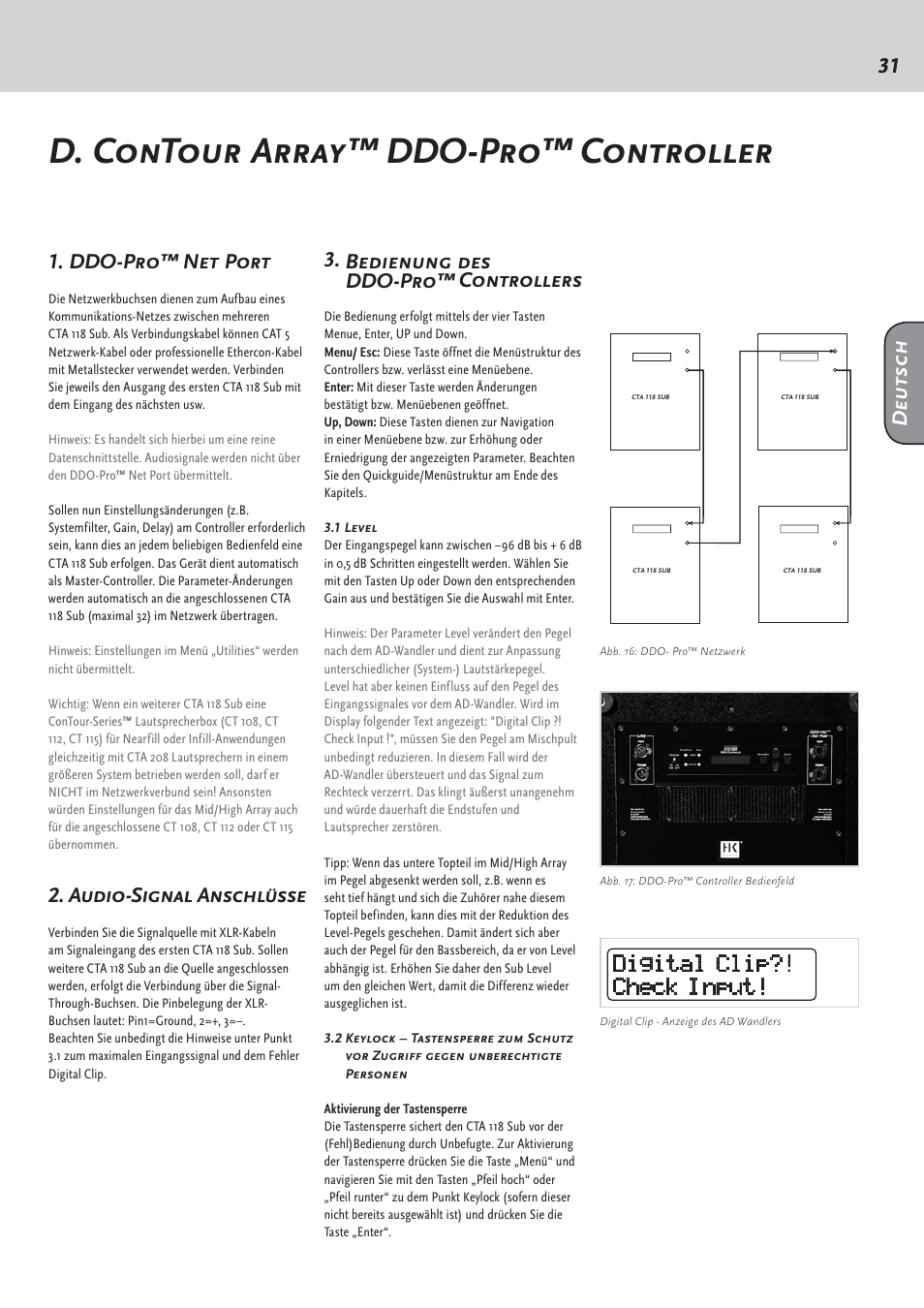 D. contour array™ ddo-pro™ controller, 31 1. ddo-pro™ net port, Audio-signal anschlüsse | Bedienung des ddo-pro™ controllers, Deutsch | HK Audio CTA 208 Mid/High User Manual | Page 31 / 52