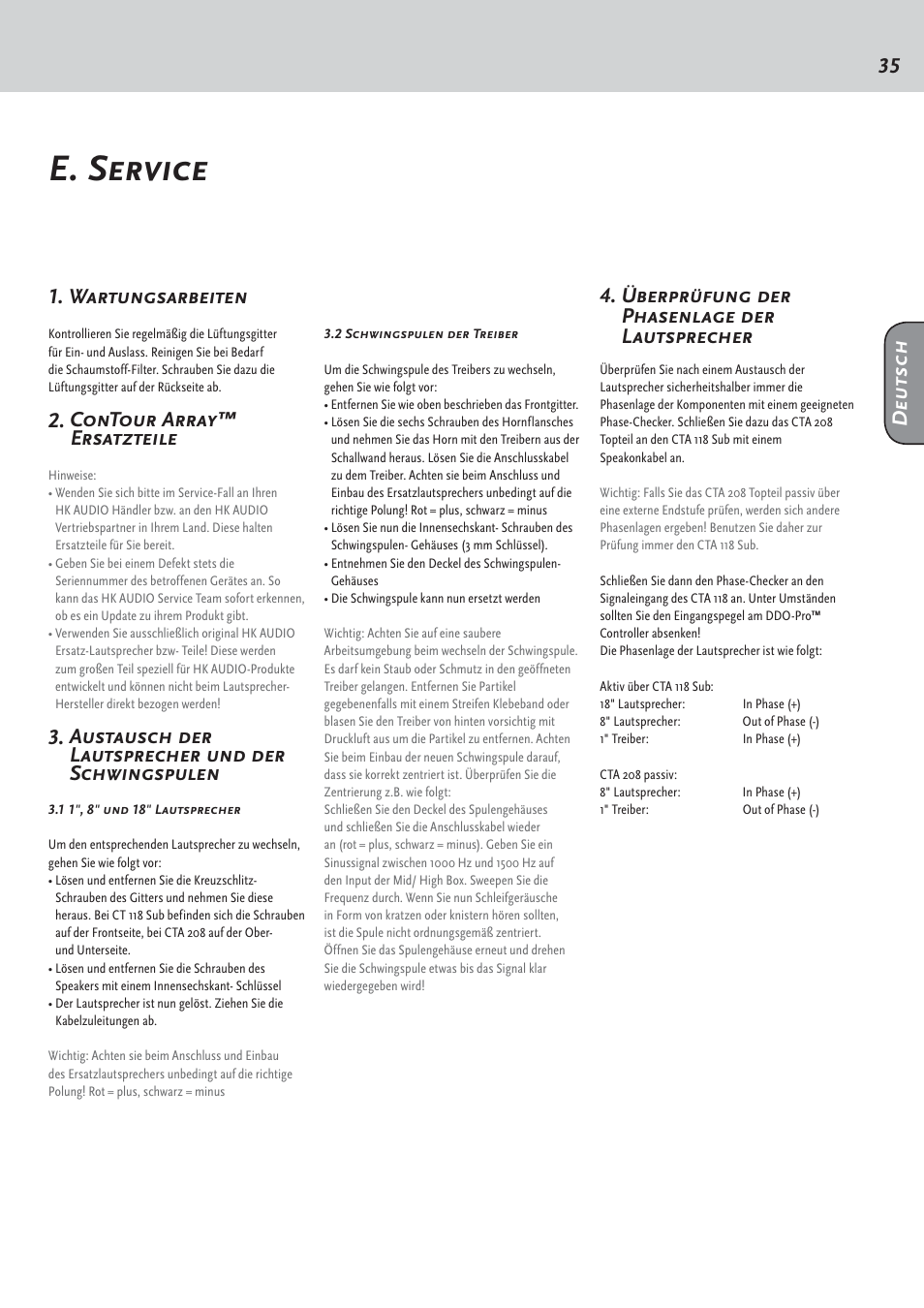 E. service, 35 1. wartungsarbeiten, Contour array™ ersatzteile | Austausch der lautsprecher und der schwingspulen, Überprüfung der phasenlage der lautsprecher, Deutsch | HK Audio CTA 208 Mid/High User Manual | Page 35 / 52