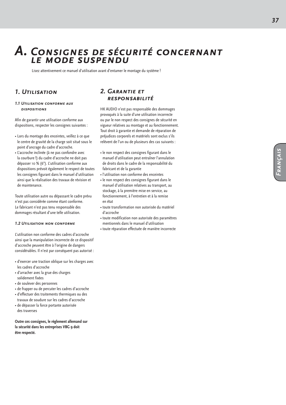 Consignes de sécurité concernant le mode suspendu, Français 1. utilisation, Garantie et responsabilité | HK Audio CTA 208 Mid/High User Manual | Page 37 / 52