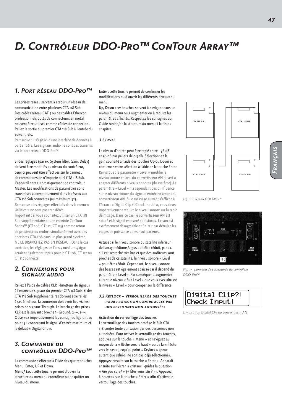 D. contrôleur ddo-pro™ contour array, 47 1. port réseau ddo-pro, Connexions pour signaux audio | Commande du contrôleur ddo-pro, Français | HK Audio CTA 208 Mid/High User Manual | Page 47 / 52