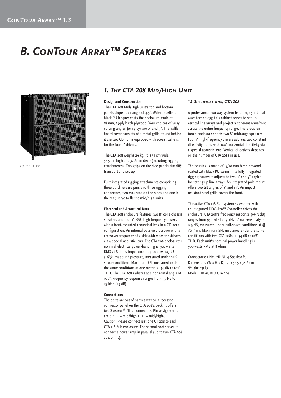 B. contour array™ speakers, Contour array™ 1.3, The cta 208 mid/high unit | HK Audio CTA 208 Mid/High User Manual | Page 8 / 52
