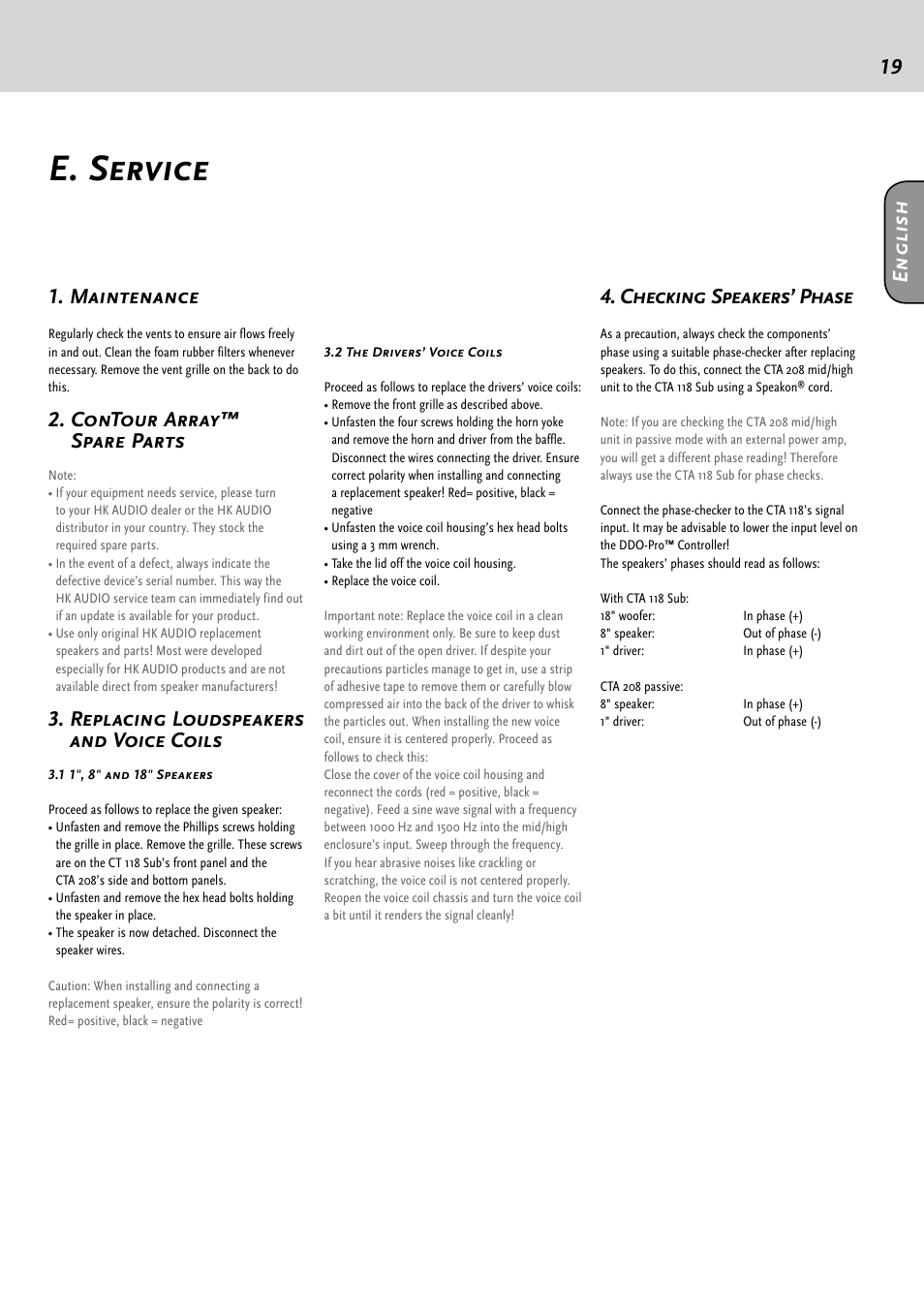 E. service, Contour array™ spare parts, Replacing loudspeakers and voice coils | Maintenance, Checking speakers’ phase, En g li sh | HK Audio CTA 118 Sub User Manual | Page 19 / 52