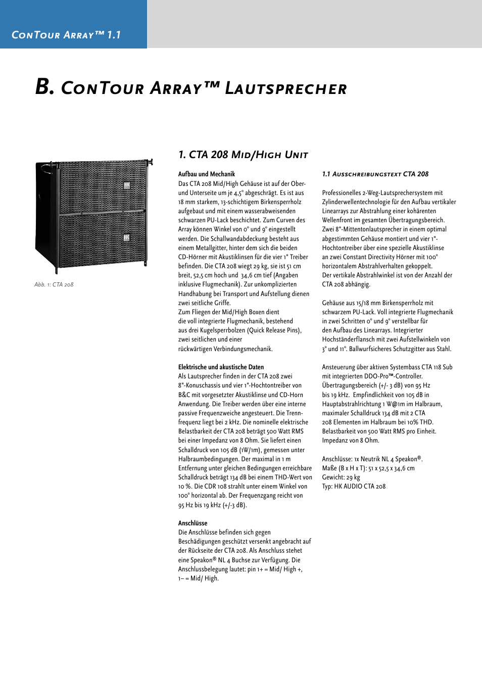 Contour array™ lautsprecher, Contour array™ 1.1, Cta 208 mid/high unit | HK Audio CTA 118 Sub User Manual | Page 24 / 52