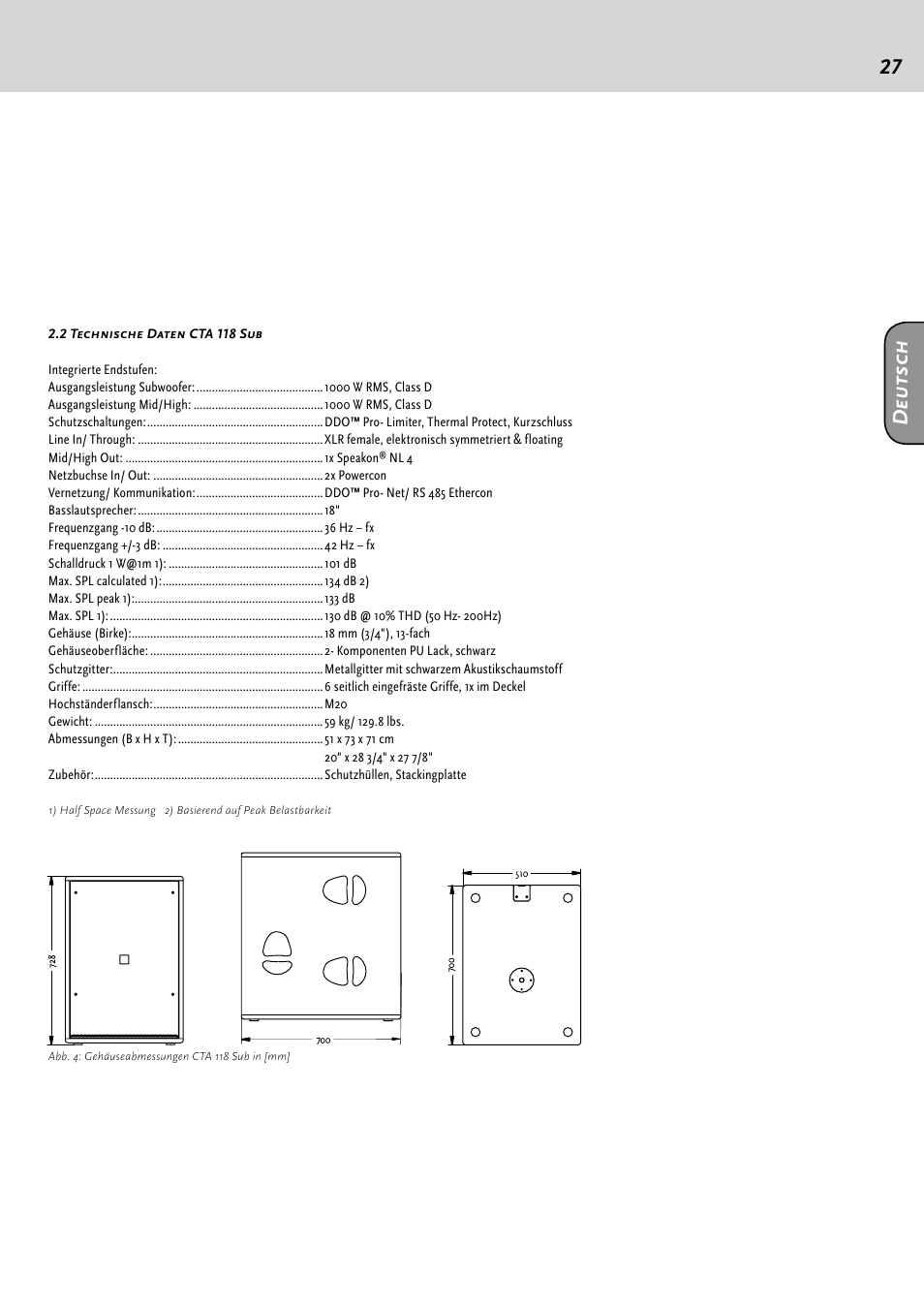 Deu ts ch | HK Audio CTA 118 Sub User Manual | Page 27 / 52