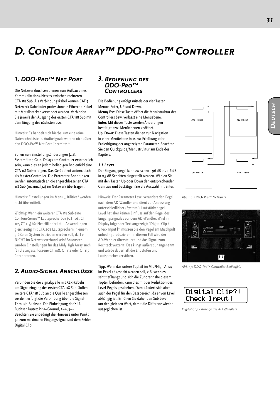 D. contour array™ ddo-pro™ controller, 31 1. ddo-pro™ net port, Audio-signal anschlüsse | Bedienung des ddo-pro™ controllers, Deu ts ch | HK Audio CTA 118 Sub User Manual | Page 31 / 52