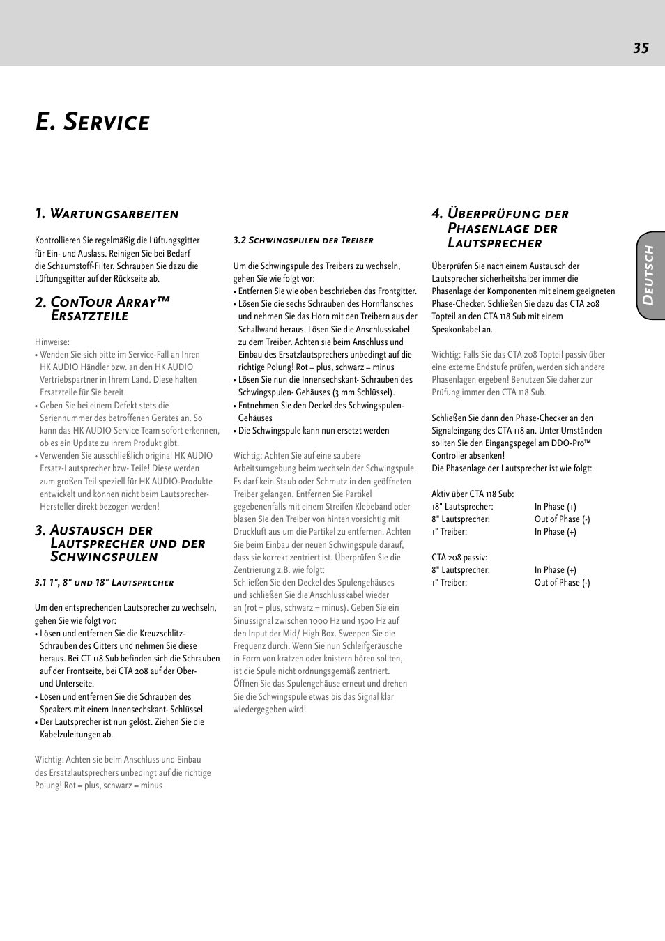 E. service, 35 1. wartungsarbeiten, Contour array™ ersatzteile | Austausch der lautsprecher und der schwingspulen, Überprüfung der phasenlage der lautsprecher, Deu ts ch | HK Audio CTA 118 Sub User Manual | Page 35 / 52