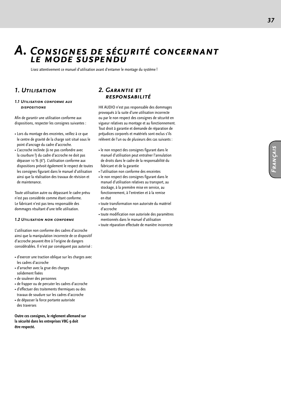 Consignes de sécurité concernant le mode suspendu, Fr an ça is 1. utilisation, Garantie et responsabilité | HK Audio CTA 118 Sub User Manual | Page 37 / 52