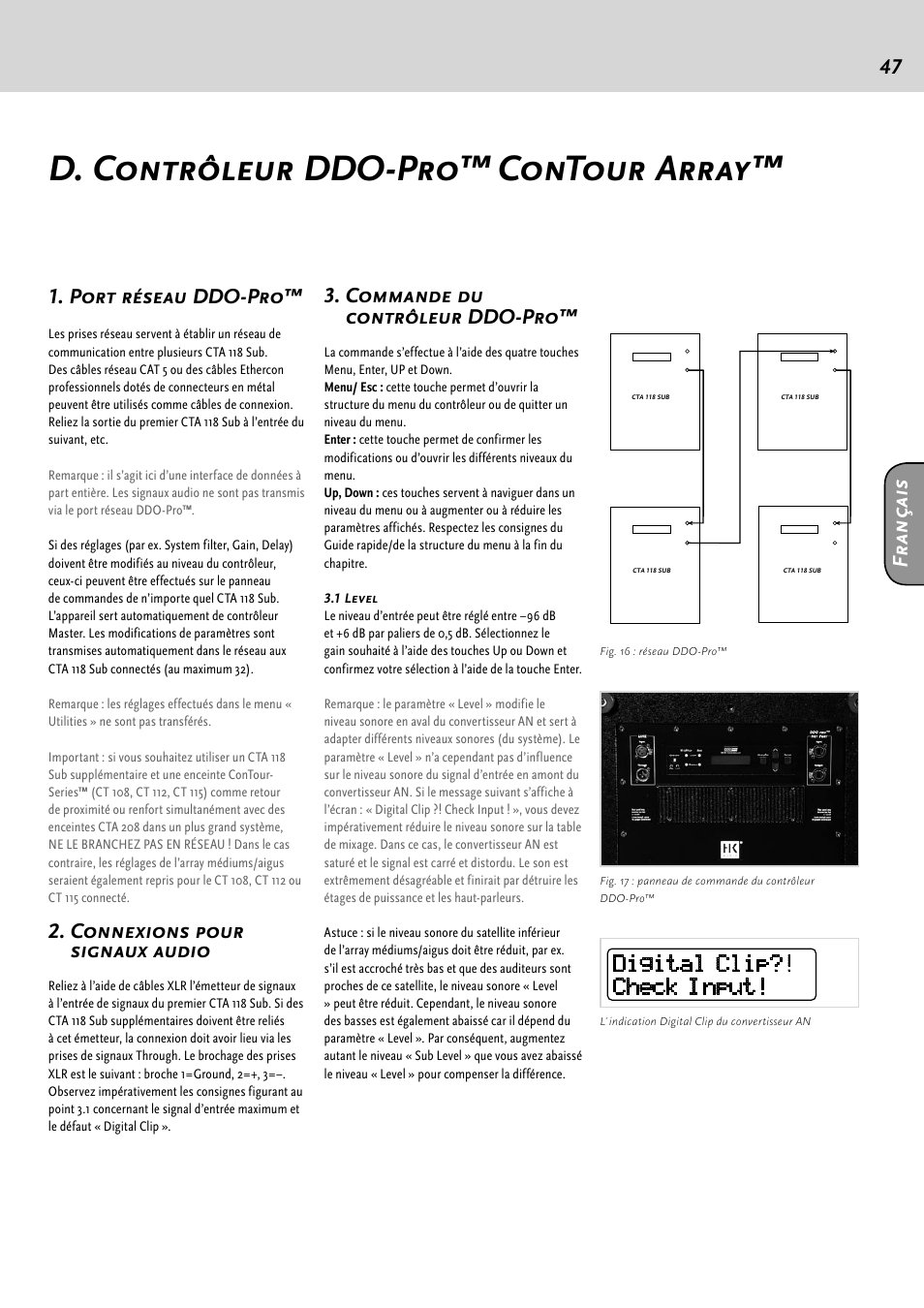 D. contrôleur ddo-pro™ contour array, 47 1. port réseau ddo-pro, Connexions pour signaux audio | Commande du contrôleur ddo-pro, Fr an ça is | HK Audio CTA 118 Sub User Manual | Page 47 / 52