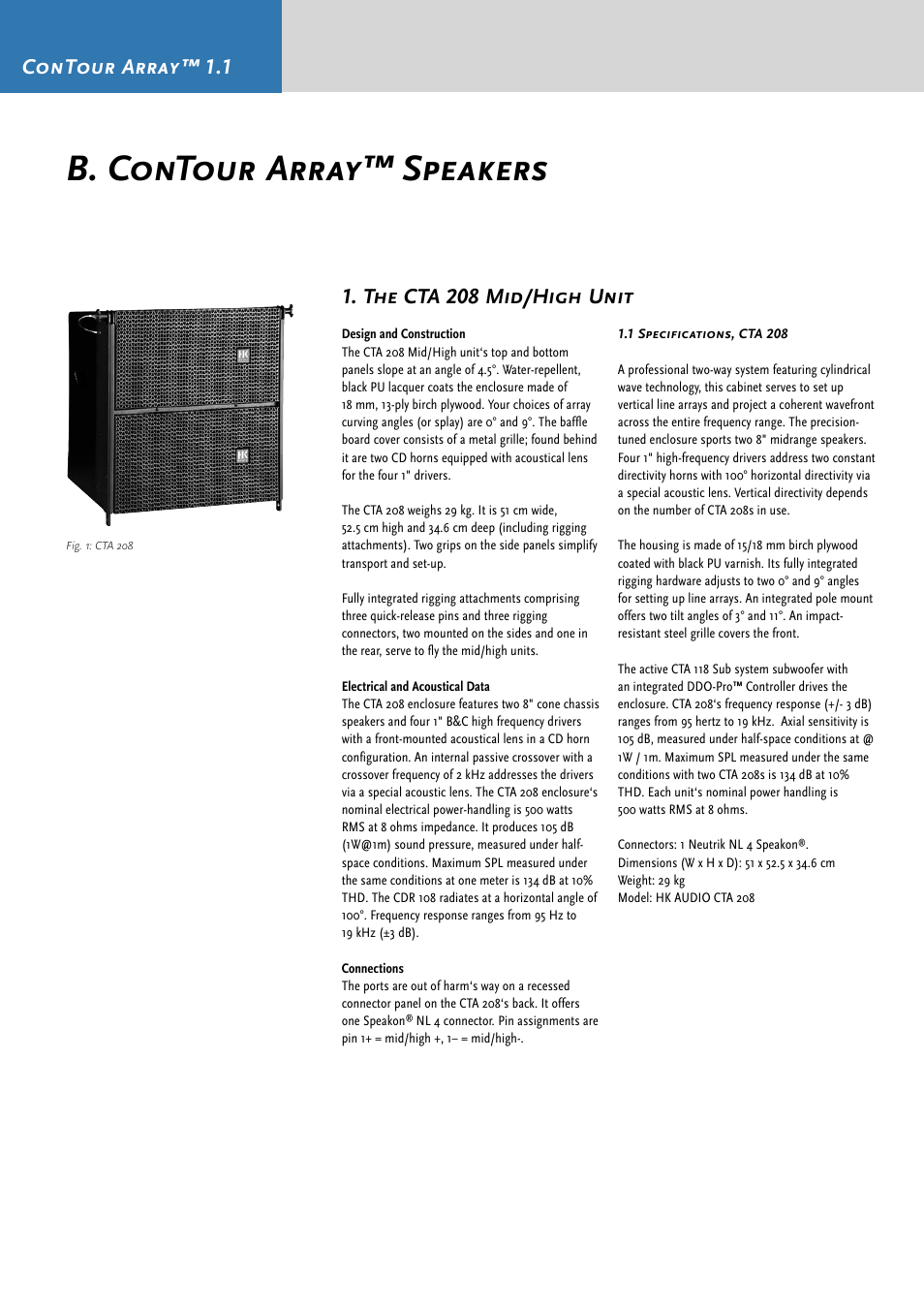 B. contour array™ speakers, Contour array™ 1.1, The cta 208 mid/high unit | HK Audio CTA 118 Sub User Manual | Page 8 / 52