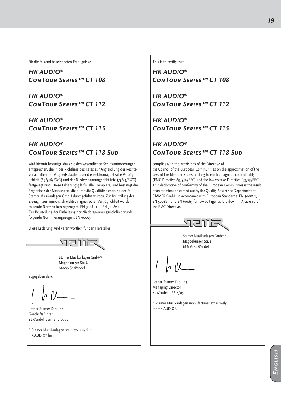 Hk audio, Contour series™ ct 108 hk audio, Contour series™ ct 112 hk audio | Contour series™ ct 115 hk audio, Contour series™ ct 118 sub, 19 english | HK Audio CT 118 Sub User Manual | Page 19 / 20