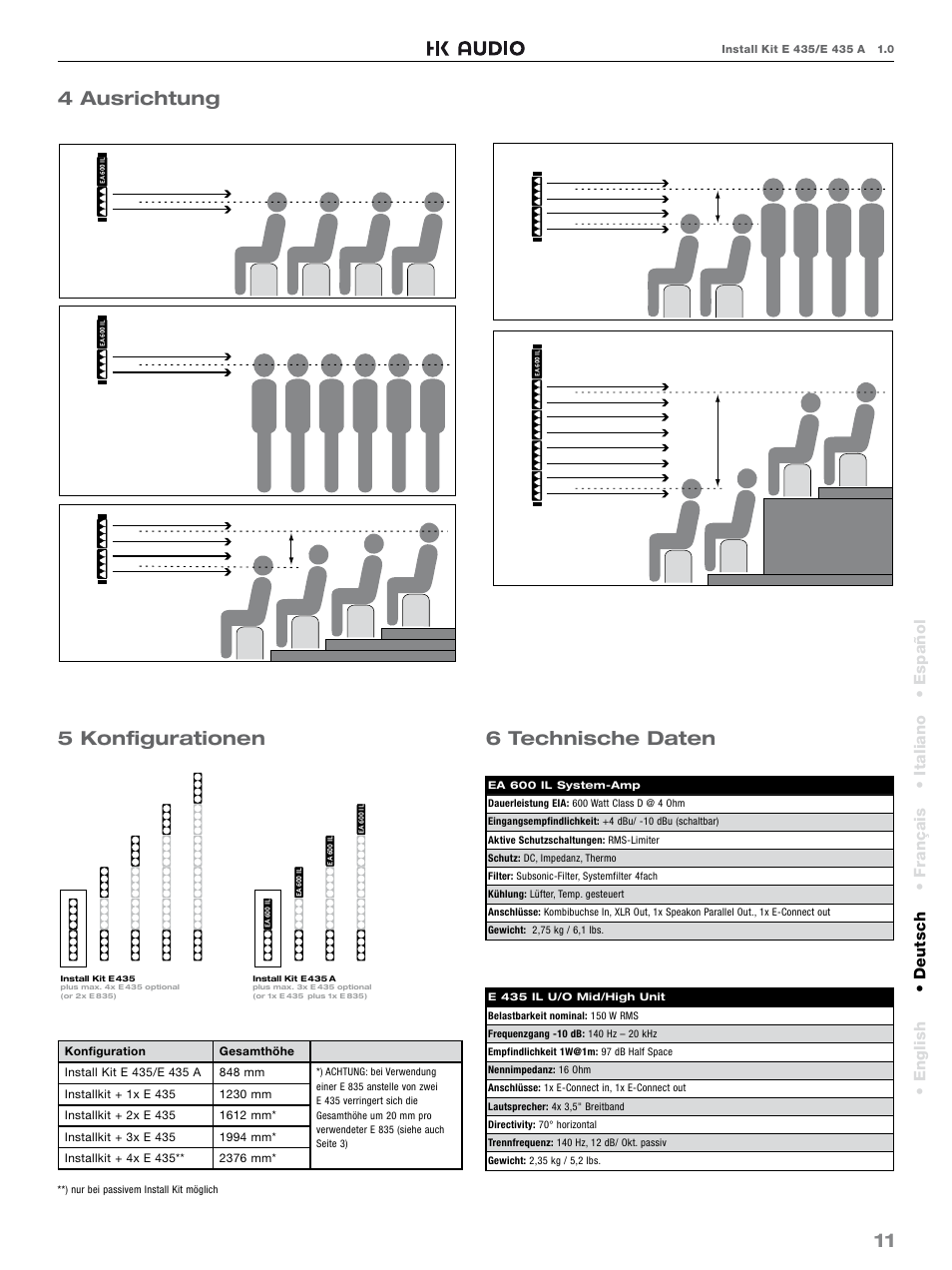 11 5 konfi gurationen, 6 technische daten 4 ausrichtung, Español • english • deutsch • français • italiano | HK Audio E 435 INSTALL KIT User Manual | Page 11 / 24