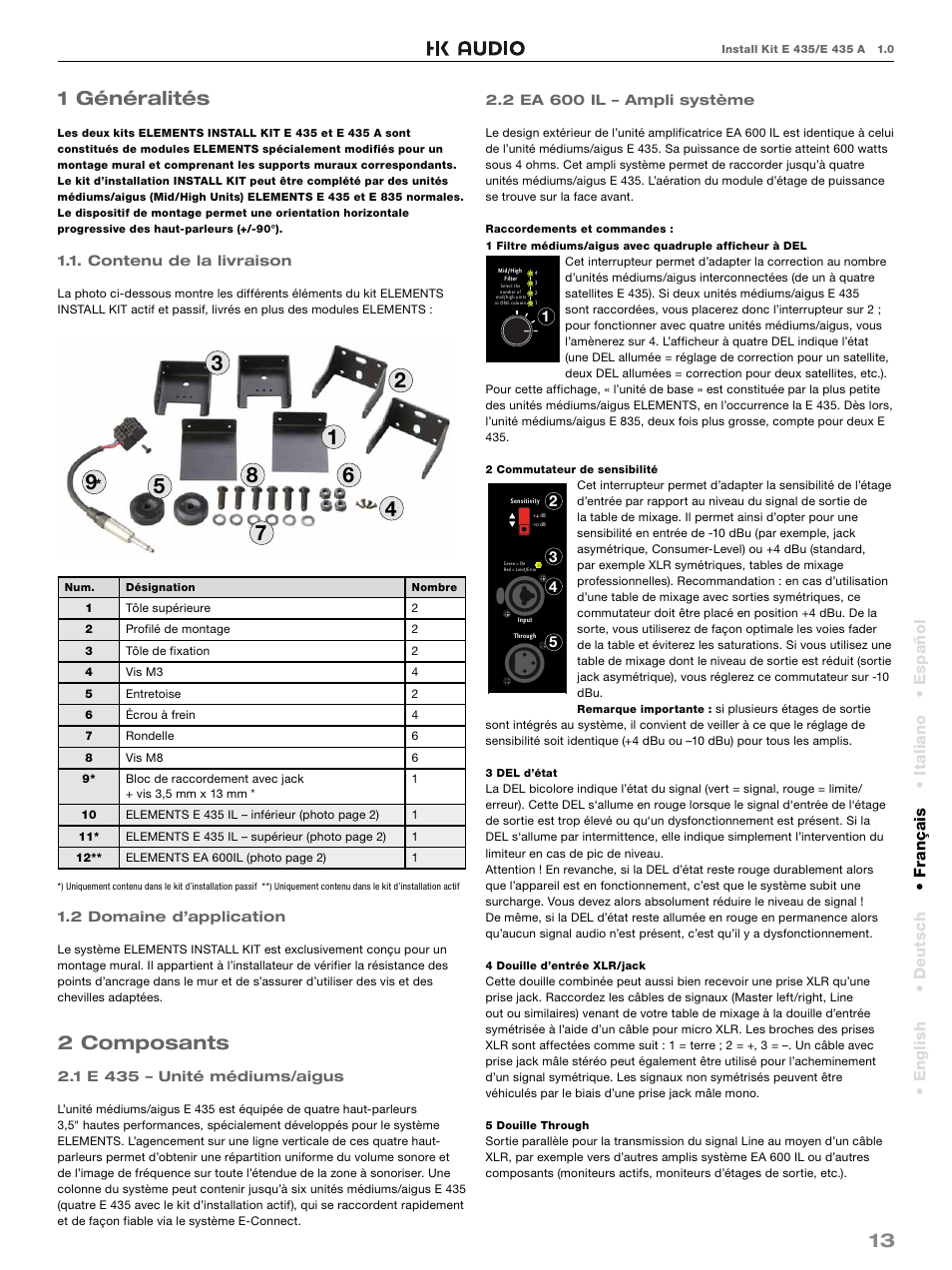 13 1 généralités, 2 composants, Español • english • deutsch • français • italiano | HK Audio E 435 INSTALL KIT User Manual | Page 13 / 24