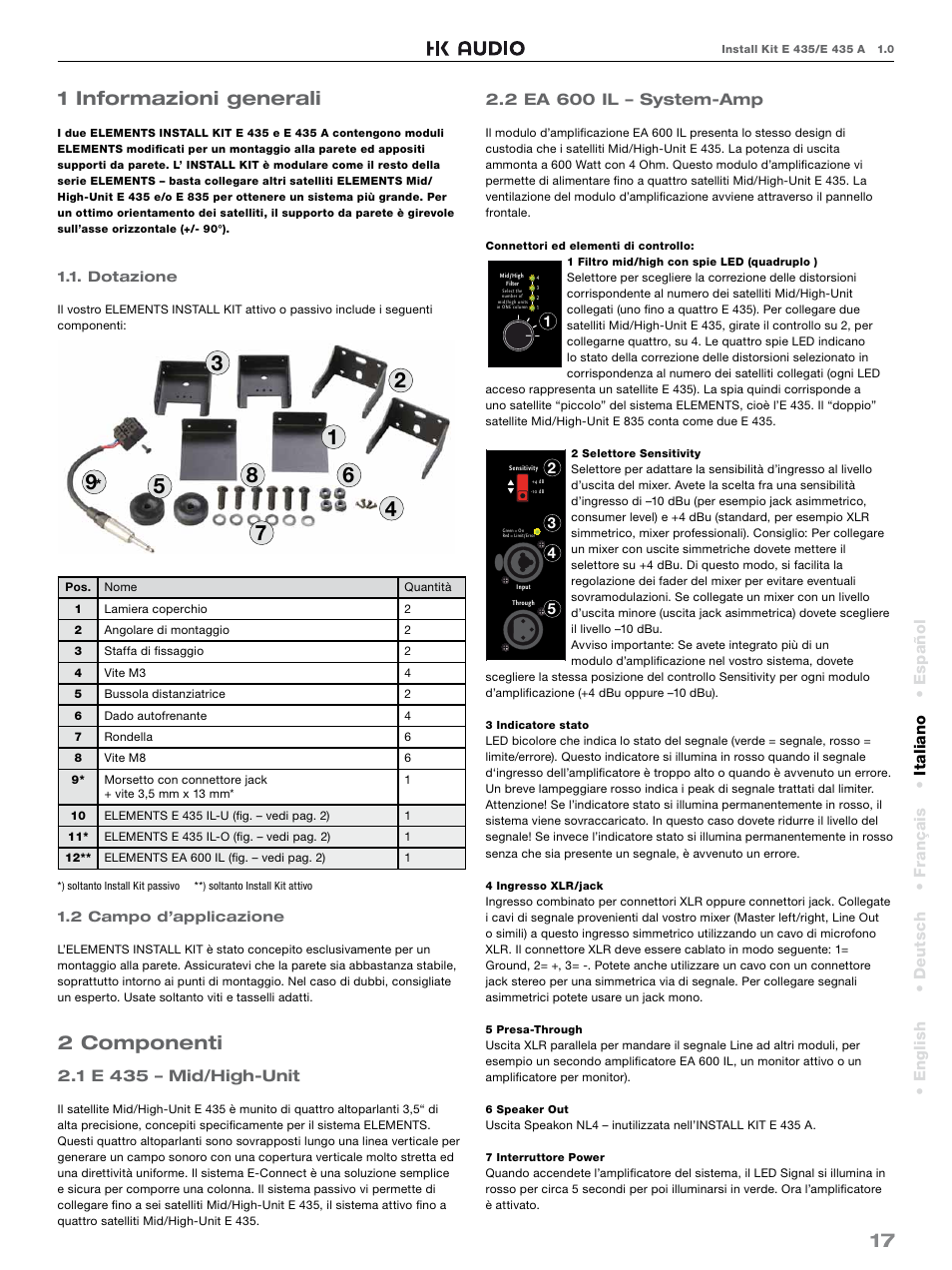 17 1 informazioni generali, 2 componenti, 1 e 435 – mid/high-unit | 2 ea 600 il – system-amp, Español • english • deutsch • français • italiano | HK Audio E 435 INSTALL KIT User Manual | Page 17 / 24