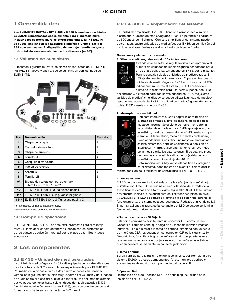 21 1 generalidades, 2 los componentes, Español • english • deutsch • français • italiano | HK Audio E 435 INSTALL KIT User Manual | Page 21 / 24