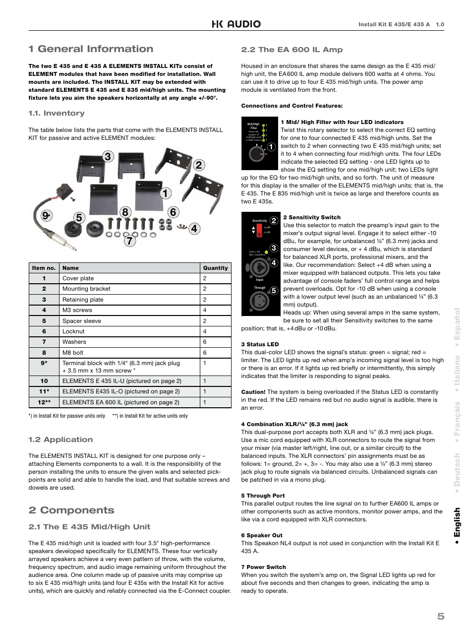 51 general information, 2 components, Español • english • deutsch • français • italiano | HK Audio E 435 INSTALL KIT User Manual | Page 5 / 24