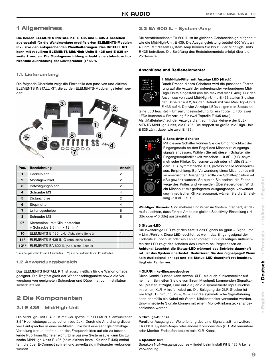 91 allgemeines, 2 die komponenten, Español • english • deutsch • français • italiano | HK Audio E 435 INSTALL KIT User Manual | Page 9 / 24